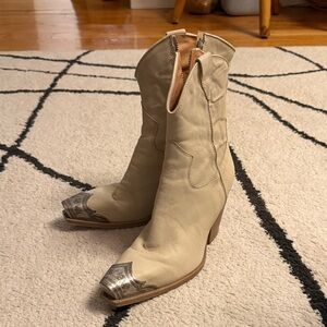 Free People Cream Western Leather Heeled Boots with Silver Toe Caps